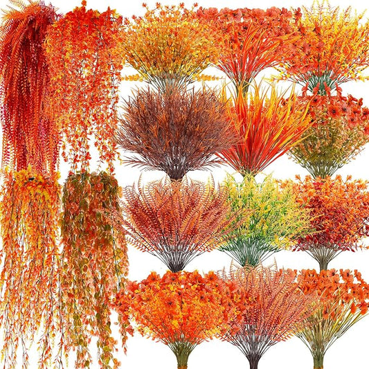 Thiccywoov 32 Bundles Artificial Fall Flowers Plants for Outdoors 16 Styles Autumn Decor, Fake Faux Flowers UV Resistant Orange Mums Violet Fern for Fall Thanksgiving Home Porch Window Box Decor