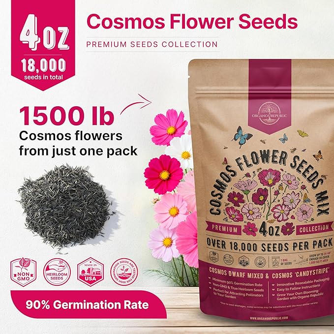 Cosmos Flower Seeds Pack 4 oz - 18,000 Non-GMO Heirloom Annual Seeds for Planting Indoor & Outdoor Gardening, Flower Seed for Garden in Resealable Packet, Floral Mix for Pollinators Perennial Mix