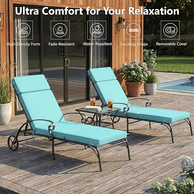 80 x 26 Inch Outdoor Chaise Lounge Cushions Set of 2 - Removable Cover, 4-Section Design, Water-Repellent & Fade-Resistant, 6 Tie Straps, Replacement for Patio & Pool Chairs - Light Blue