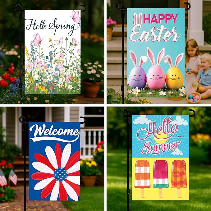 VAPARA DESIGNS Set of 10 Seasonal Garden Flags - 12"x18" Double Sided Garden Flags for Outside - Winter, Summer, Fall, Spring, Halloween, Christmas, Easter, Thanksgiving, Valentines Day, 4th of July
