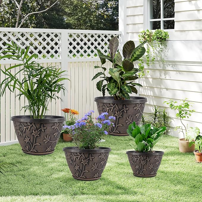 Nooulap 10 Inch Plant Pot with Drainage, Plastic Planter for Indoor Outdoor Plants, Medium Flower Pots for Patio, Balcony Garden Decor, Brown Vintage Flower Pattern