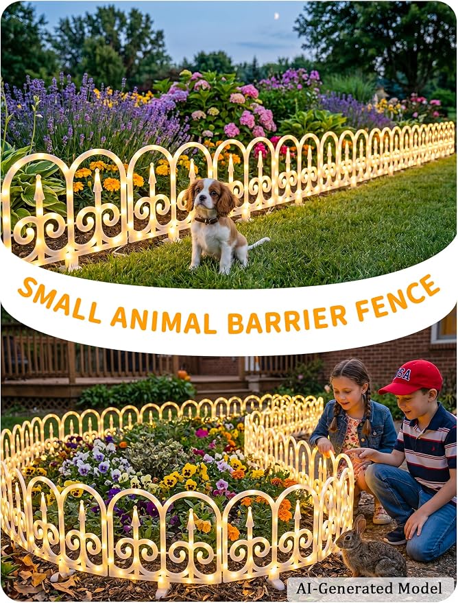 Hopolon 8 Pack Ornate Arch Fence Lights, 11.1in (H) X 9.1ft (L) Solar Powered Warm White Outdoor Garden Border Lights, Small Decorative Fence Barrier for Flower Bed Pathway Yard Lawn Patio Pet