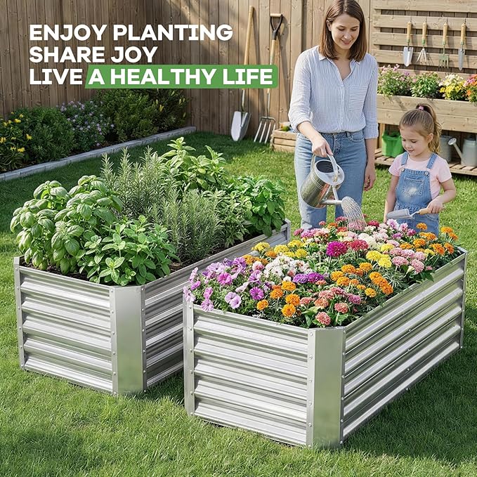 Galvanized Raised Garden Bed Kits, 2 Pack Metal Planter Box Outdoor, 4x2x1.4ft Rectangular Steel Planter Bed for Vegetables, Fruits, Flowers, Herbs(Silver)