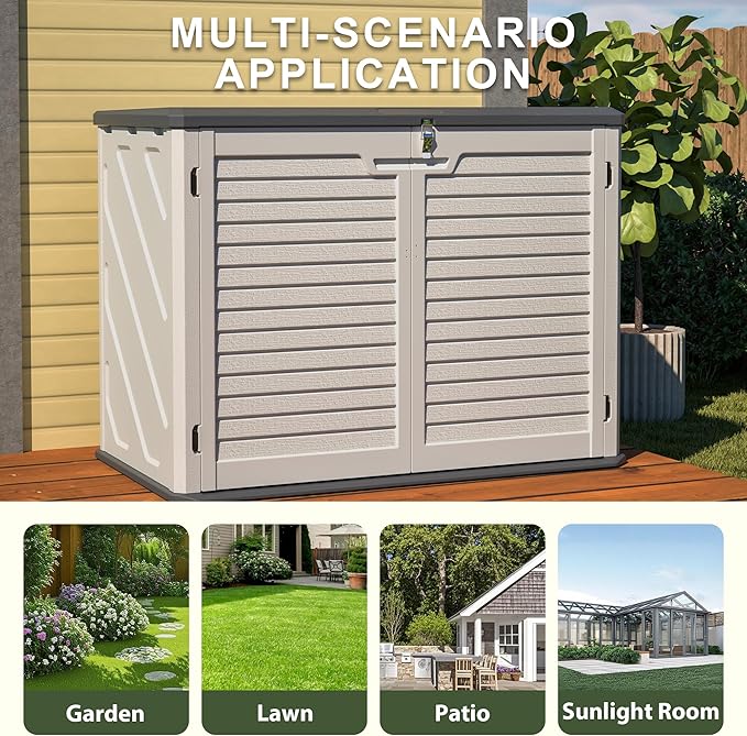 YOPTO Outdoor Storage Shed Horizontal Plastic Shed W/Lockable Cabinet,Weather Resistance Foldable House W/Sloped Roof & Dual-Locking Mechanism,28 Cu.ft Garden Tool House for Backyards,Patio,White