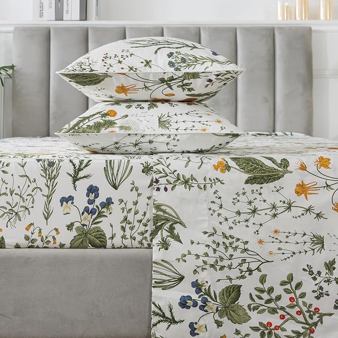 FADFAY 100% Egyptian Cotton Sheets Cal King Botanical Printed Floral Sheets Yellow Flowers & Leaves Pattern Farmhouse Bedding Soft and Breathable French Country Bedding 4Pcs Deep Pocket Sheet Set