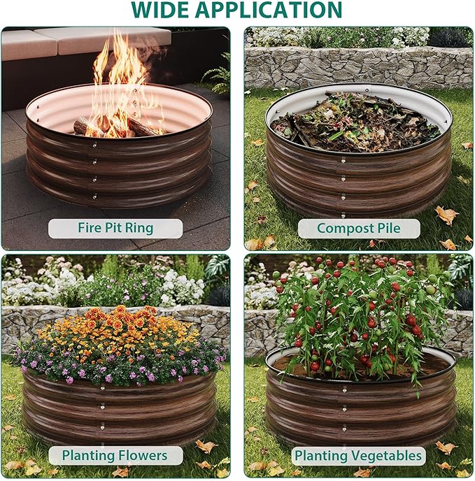 Garvee Round Raised Garden Bed, 3PCS 2 x 1ft Galvanized Raised Boxes with Rust-Resistant, Easy Assembly, Safe Edge, Metal Garden Bed Kit for Planting Vegetables, Fruits, Flowers, Wood