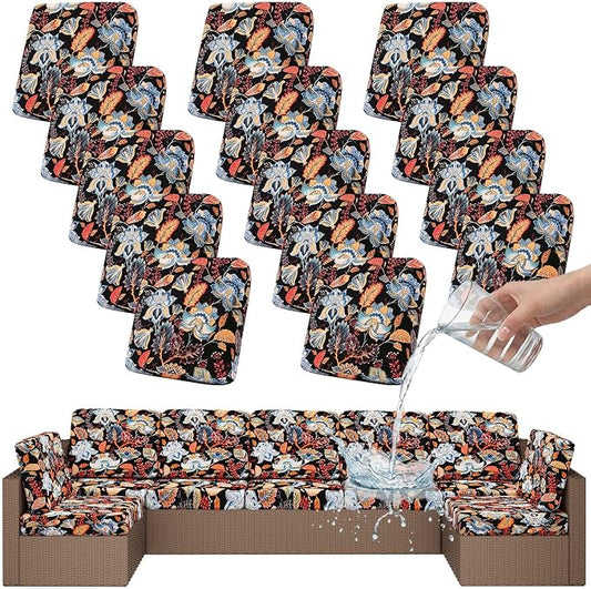 Smiry Waterproof Patio Cushion Covers, Stretch Outdoor Couch Slipcovers Replacement Washable Furniture Protector Sofa Chair Seat Cover for Dogs and Pets (14 Pcs, Black and Orange)