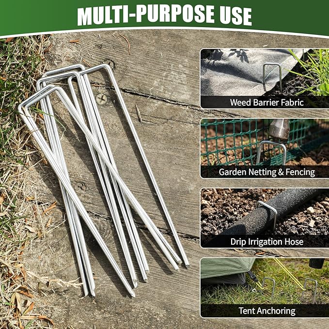 HOOPLE 50 Pack 8 Inch Landscape Staples 11 Gauge Heavy Duty Galvanized Garden Stakes, Sod Pins for Securing Weed Barrier Fabric, Artificial Turf, Drip Irrigation, Lawn Edging & Outdoor Ground Cover