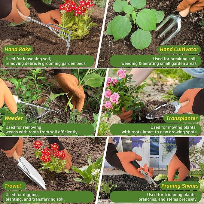 22Pcs Gardening Tools Set for Women Heavy Duty Garden Hand Tool Kit Garden Gifts for Mothers Day Mom Beginner Gardening Accessories with Tote Bag/Shovel/Repotting Mat/Plant Labels/Gloves-Black