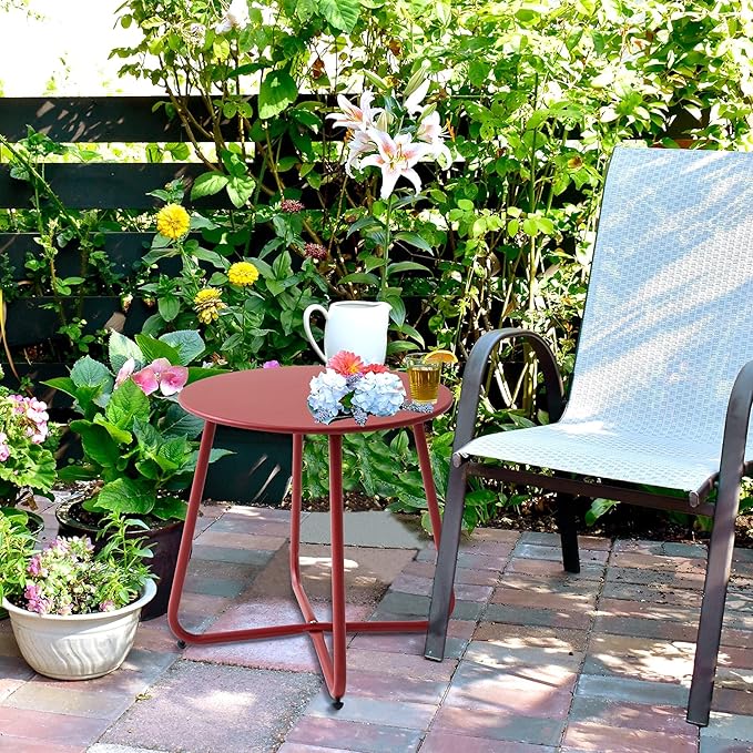 Meluvici Patio Small Side Table Waterproof Round Metal Steel Weather Resistant Portable Outdoor and Indoor End Table for Garden Balcony Yard, Red