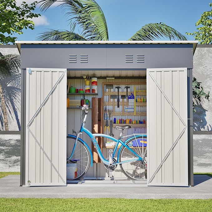 YOPTO 4x8 FT Outdoor Storage Shed,Slope Roof Storage Metal Garden Shed Steel with Reinforced Beams,All Weather Waterproof Garden Tool House W/Lockable Door & 4 Air Vents,for Backyard,Patio,Lawn,Grey