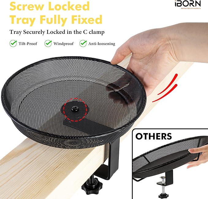 iBorn Deck Bird Feeders for Outdoors,Platform Bird Seed Tray with 5.5 lbs Capacity,Balcony Porch Railing Bird Feeder, Drainage Mesh Holes,Tilt-Proof, Windproof, Anti-Loosen, Easy to Refill&Clean,Black