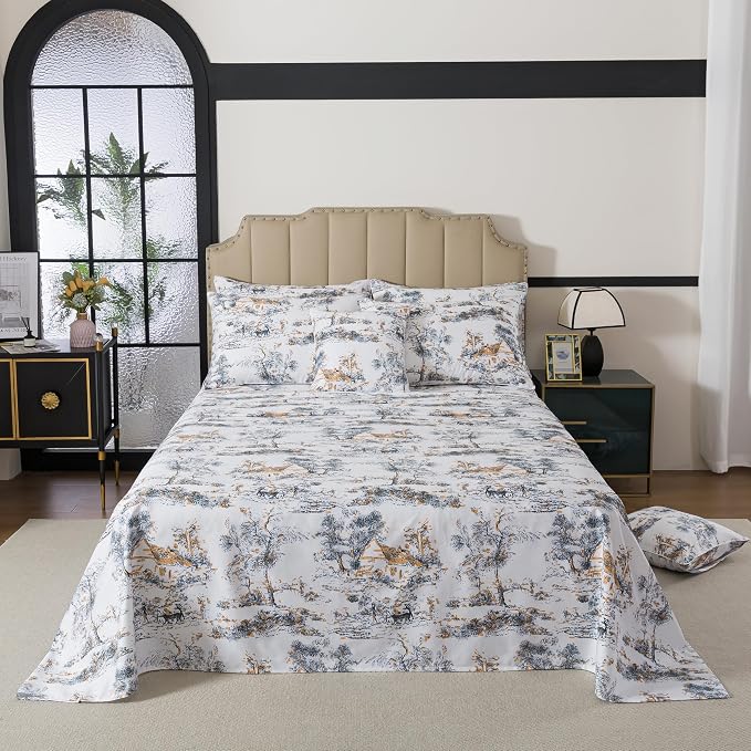 FADFAY Toile Sheets Set Twin 100% Egyptian Cotton French Country Toile de Jouy Bedding Classic Black and Gold Floral Bed Sheets Shabby Farmhouse Bedding Breathable Soft Deep Pocket 4Pcs, Twin Size