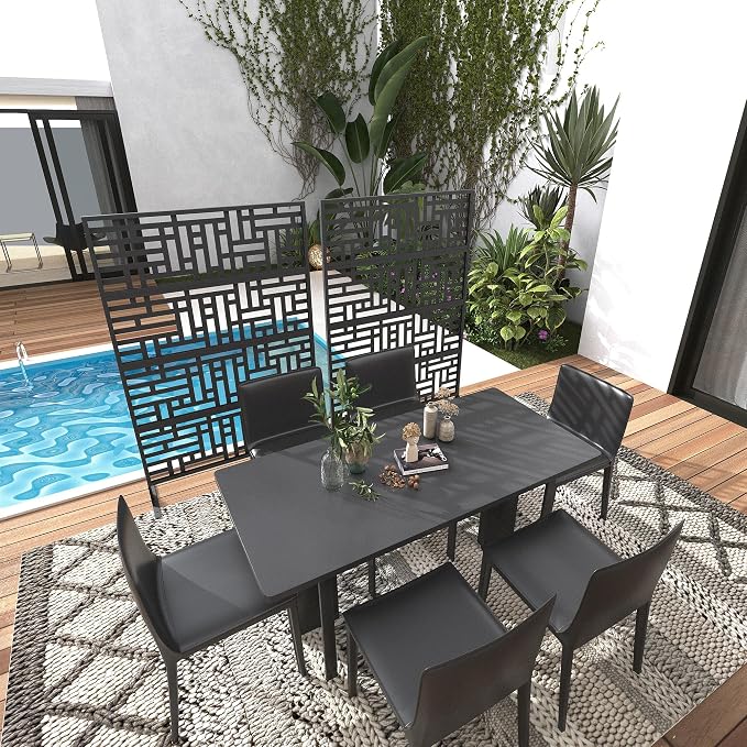 6FT Metal Privacy Screen Outdoor, Decorative Privacy Fence, Weather-Resistant Freestanding Panel with Stand, Durable Steel for Patio, Garden, Balcony, or Backyard, Geometric