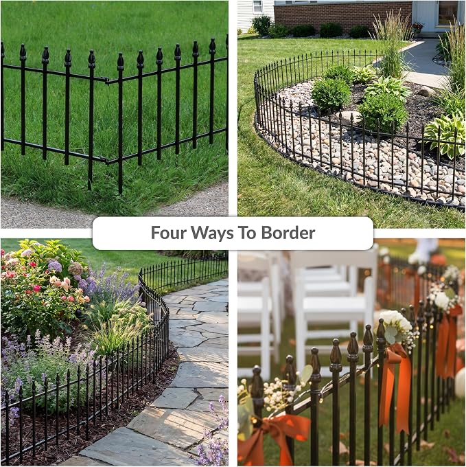 Sunnydaze Decorative Garden Fence Border - 22 in W x 18 in H No Dig Metal Edging for Flower Beds, Yard, Lawn, Pathways and Landscaping - Roman Finial Design - 9ft - 5 Panels - Black