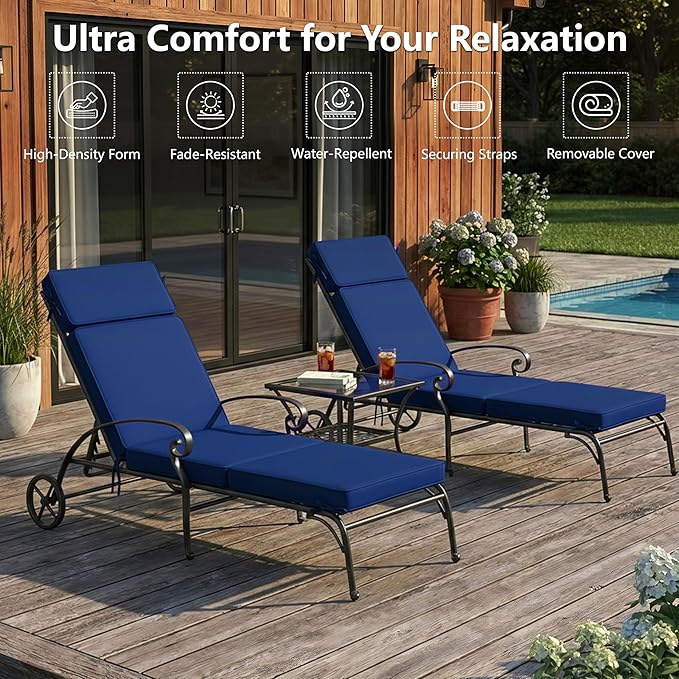 72 x 21 Inch Outdoor Chaise Lounge Cushions Set of 2 - Removable Cover, 4-Section Design, Water-Repellent & Fade-Resistant, 6 Tie Straps, Replacement for Patio & Pool Chairs - Navy