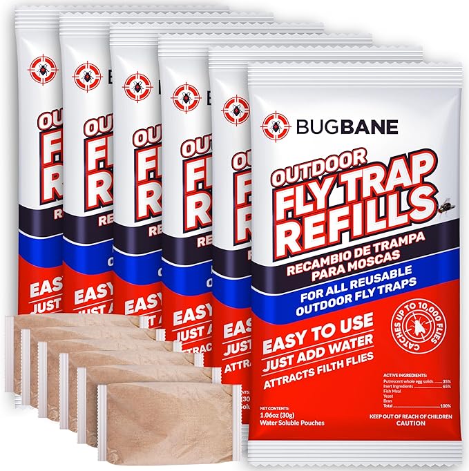 Fly Bait Fly Trap Refill Packets 6x1oz. Non Toxic Dissolvable Granules Work with All Reusable Flies Traps Outdoors Attractant. Flies Trap Bait Magnet Ranch Flytrap Outdoors. Cebo para Moscas