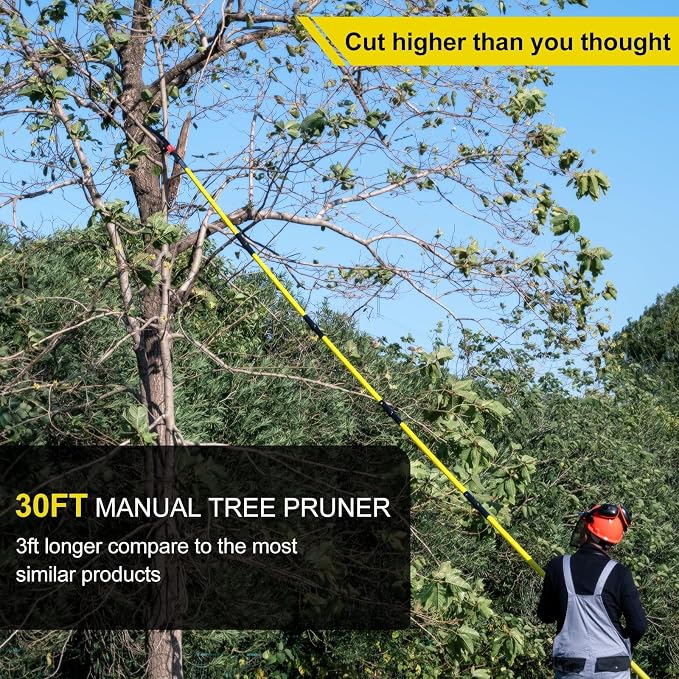 Pole Saws for Tree Trimming, 7.3-30FT Tree Saw with Adjustable Length, Tree Trimmers Long Handle Pruner for Pruning Palms and Branches, Manual Pole Saw with Sharp Steel Blade and Scissors