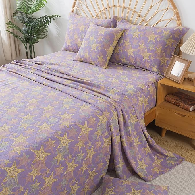 FADFAY Beach Theme Sheets Set Queen Purple Yellow Starfish Ocean Bedding Coastal Nautical Bedding Super Soft Washed Double -Layer Muslin Sheets 100% Cotton Deep Pocket Fitted Sheet 4Pcs, Queen Size