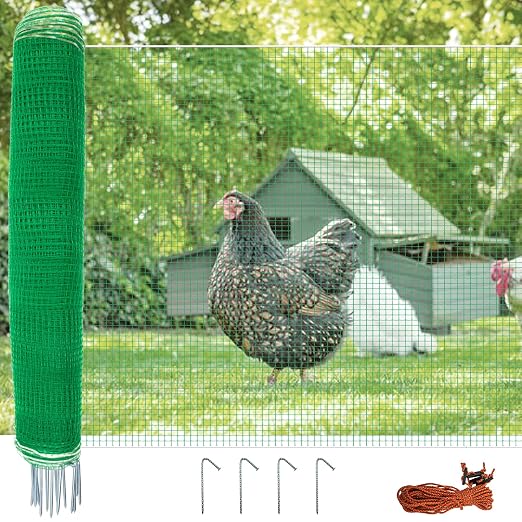 Temporary Fence with Posts 3' x 50' for Chickens, Turkeys Backyard | Boundary Chicken Fence with Double Spiked Fiberglass Posts & Windbreak Rope, Portable Non Electric Fence Netting