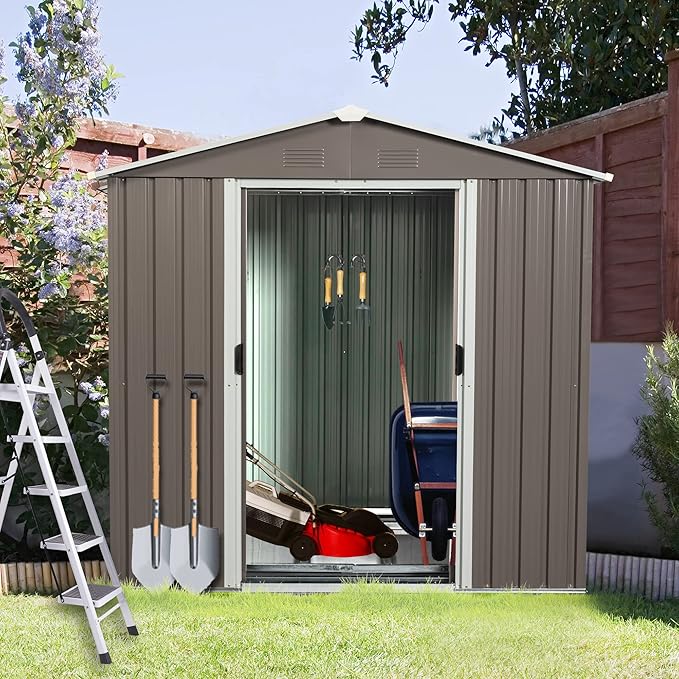 Favfurish 6 x 5 Feet Outdoor Metal Storage Shed, Utility Tool Storage House with Air Vent, Latch Double Doors & Floor Base, Weatherproof Garden Sheds, for Backyard Patio Lawn, Gray