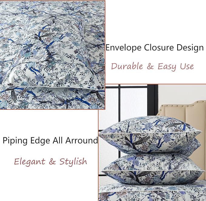 FADFAY Sheets Set Cal King Shabby Botanical Bird Floral Bed Sheets Set Vintage Blue Branches Bedding Collections 100% Egyptian Cotton Breathable Soft 17.7" Deep Pocket 4Pcs, California King Size