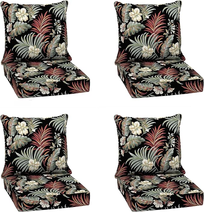 Arden Outdoor Deep Seat Cushion Set (4-Pack), 24 in x 24 in, Weather-Proof, Rain-Proof, Fade Resistant Patio Cushion for Chair, Sofa, and Couch Simone Black Tropical