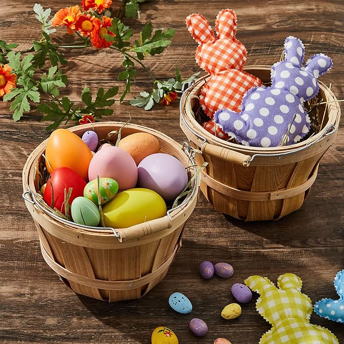 Marsui 24 Pcs Round Wooden Berry Baskets Small Bushel with Handles for Gifts Empty Basket Fruit Buckets for Picking Strawberry Fruits Flowers Crafts Home Wedding (Natural Wood)