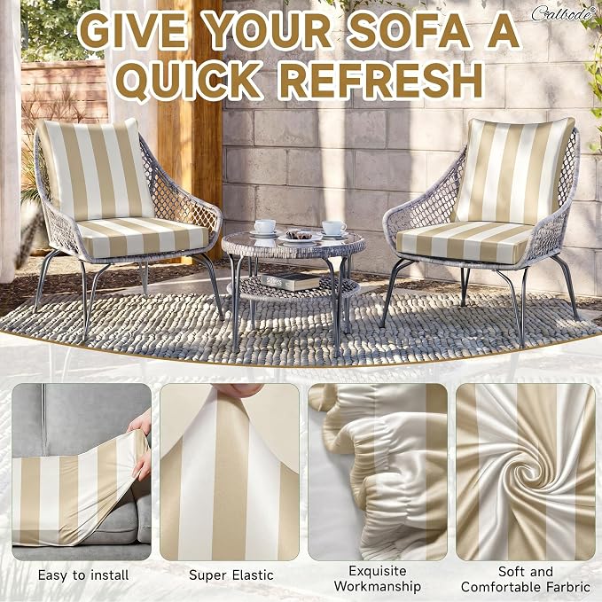 CALBODE 8 Pcs Outdoor Seat Cushion Covers, Striped Stretch Chair Seat Cover for Patio Furniture Cushions Washable Reusable Indoor and Outdoor Couch Cover Replacement (Light Brown, Cover Only)