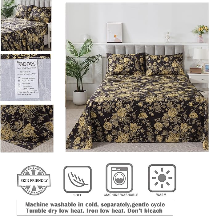 FADFAY Rose Sheets Set Twin XL Vintage Black Gold Floral Bedding Shabby Dorm Bedding Rustic Peony College Bedding 800 Thread Count 100% Egyptian Cotton Deep Pocket Fitted Sheet 4Pcs, Twin XL Size