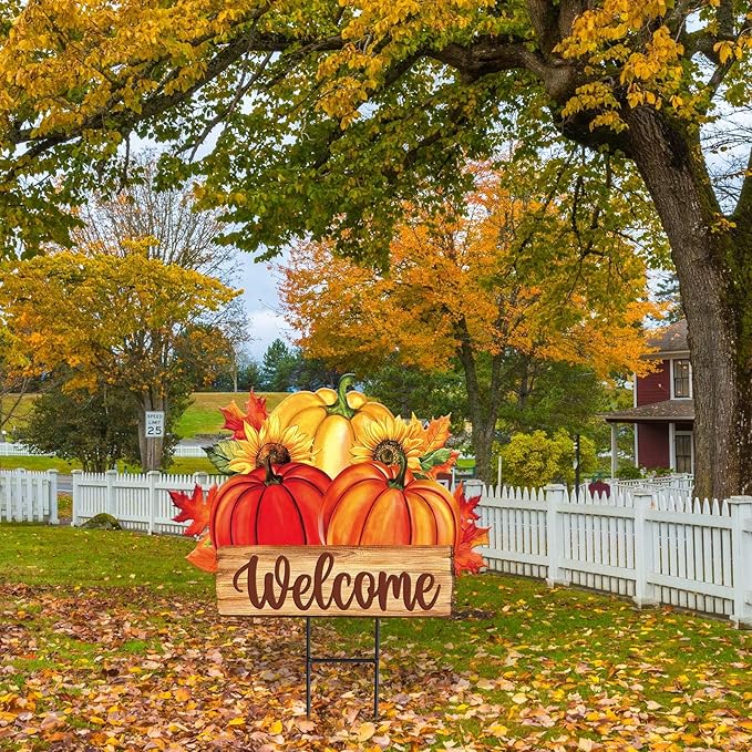 JarThenaAMCS Thanksgiving Yard Sign Metal Fall Pumpkin Yard Stakes Maple Leaves Garden Stake Decorations Welcome Sign for Autumn Harvest Outdoor Lawn Patio Walkway Decor