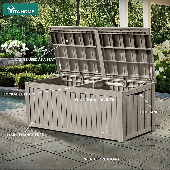YITAHOME 180 Gallon Large Deck Box w/Divider, XL Waterproof Outdoor Storage for Patio Furniture,Outdoor Cushions, Garden Tools, Sports Equipment and Pool Supplies, Resin, Lockable, Taupe