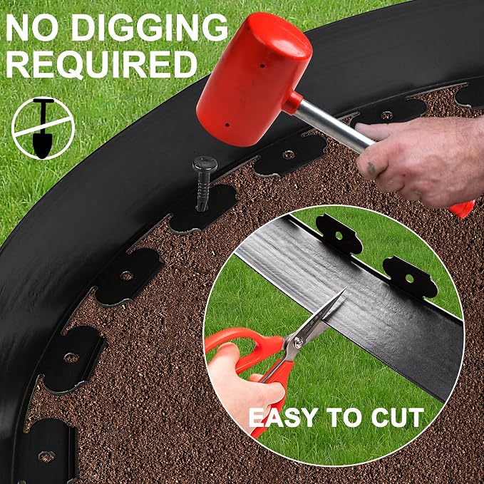 4 Inch x 66FT Tall Garden Edging Border with 90pcs Spikes, Plastic Edging Border for Landscaping, Lawn, Garden, Flower Beds, Paver, Pathway