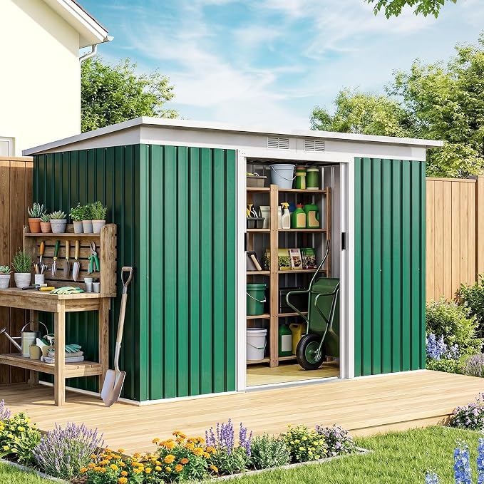 Outsunny 9' x 4' Outdoor Storage Shed, Metal Garden Tool House with Sloping Roof and Lockable Door for Backyard, Bike, Patio, Garage, Lawn, Green