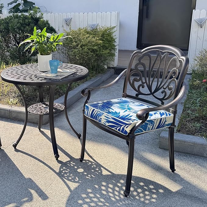 Patio Chair Cushions 18.5x16 Inch, Water Repellent Outdoor Seat Cushions with Adjustable Straps, Fade Resistant Replacement Cushions for Garden Deck Sofa Couch, Set of 2, Blue Leaf