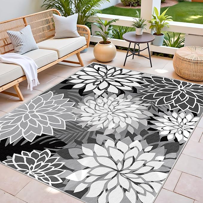9x12 Outdoor Area Rug Washable Multicolored Patio Rug Tropical Botanical Floral Chenille Waterproof Outdoor Carpet Non-Slip for Deck, Backyard, Porch, Black