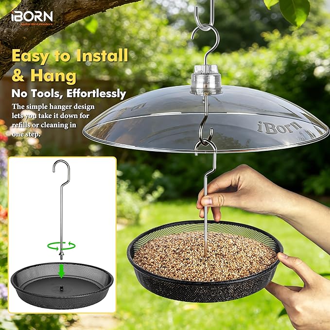 iBorn Hanging Bird Feeder Tray & Rainroof Cover, Bird Feeder Bowl with 13”Bird Feeder Cover for Rain Guard, Chew-Proof Polycarbonate & Thick Metal Hanger, Easy to Refill & Clean, Transparent & Black