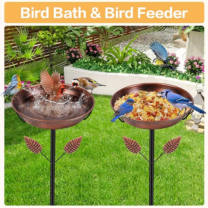 Metal Bird Bath for Outside, Freestanding Bird Baths with Removable Bowl, Birdbath & Bird Feeder with Upgraded Stable Stake for Garden Patio Yard Lawn (Vintage Brown, Leaf)