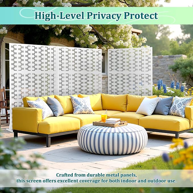 Outdoor Privacy Screen Metal Privacy Fence Freestanding Screen Fence, Decorative, Weather-Resistant, Privacy Protection, 72’’H×47’’W, White (3 Panels)