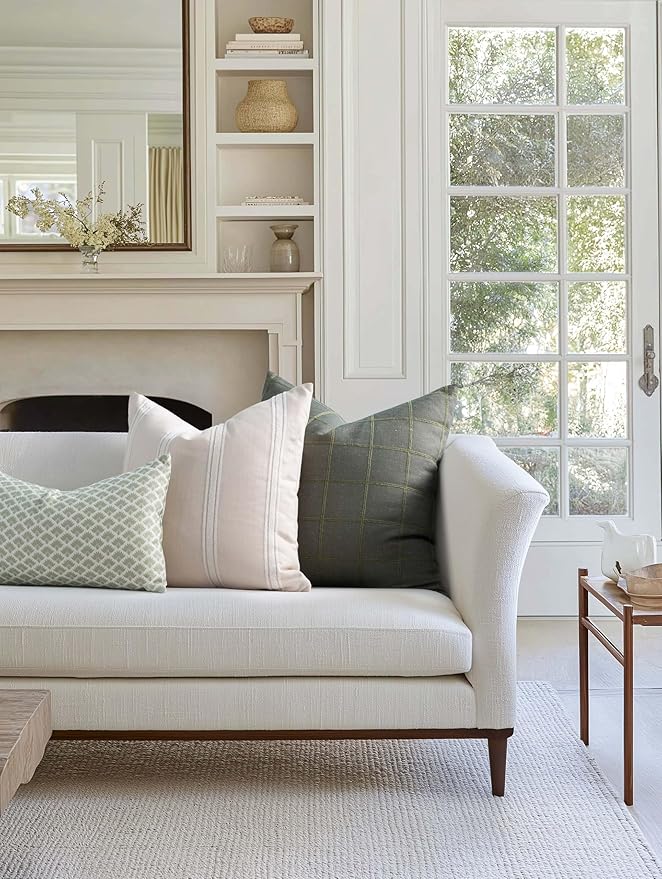 Crumbs Home Modern Farmhouse Fall Linen Indoor Outdoor Throw Pillow Cover Only, 22"x22" Water Repellent for Patio, Backyard, Couch, Oliver Green Plaid