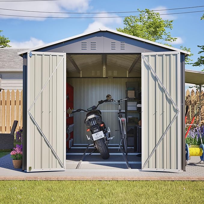 YOPTO 8x12 FT Large Outdoor Storage Shed with Lockable Doors & Floor Base,Weather-Resistant Metal Tool Shed for Garden, Backyard,Patio,Lawn,Gray