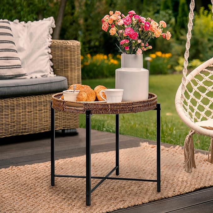 DINGTAI Brown Small Round End Table, 19in Rattan End Tables, Wicker Rattan Side Table, Round Sofa Side Table, Indoor Outdoor Side Tables for Patio, Living Room Bedroom Office