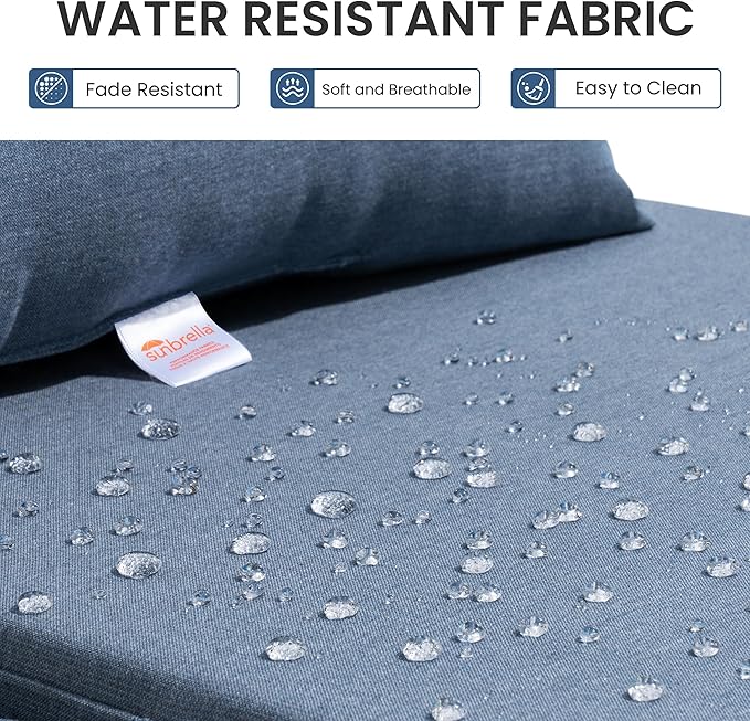 Crestlive Products Sunbrella Foldable Outdoor Chaise Lounge Cushions with Head Pillow and Side Pockets,Water Repellent & Fade Resistant Lounge Chair Cushion, 72''L x 21''W, Set of 2, Denim Blue