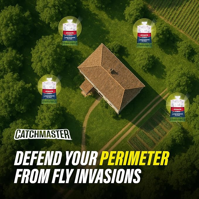 Catchmaster Disposable Outdoor Fly Trap, 8 Hanging Bags with Bait | Catches house, bottle & blowflies, Holds up to 30,000 flies, Food-based lure, no spray needed, For barns, coops & ranches