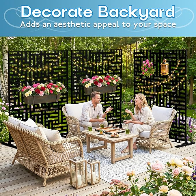 MTART Metal Privacy Screen 72" H x 47.2" Decorative Outdoor Privacy Screen Privacy Panel with Stand for Balcony Deck Patio Lawn Garden, Privacy Fence (Black-Street)