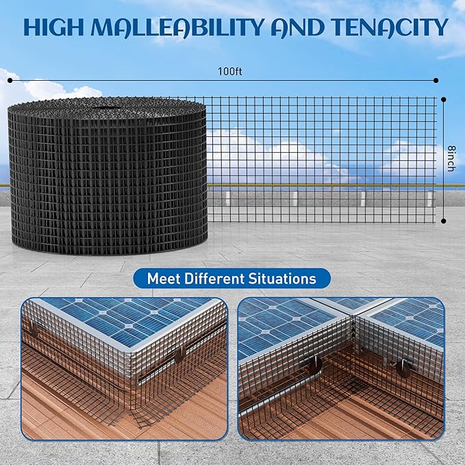 ZeroPone 8inch x 100ft Solar Panel Bird Guard, Critter Guard for Solar Panels with 100 Pcs Stainless Steel Fasteners, Removable PVC Coated Pigeon Netting Wire for Squirrel, Bird, Critters Proofing