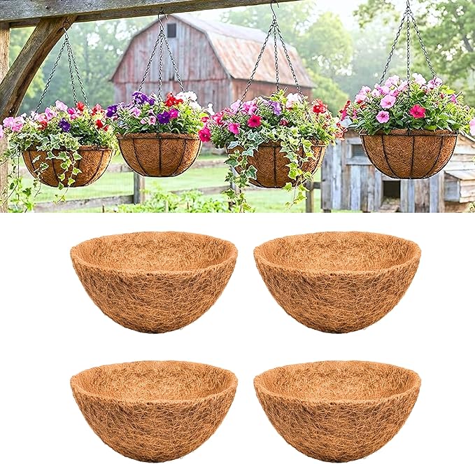 LaLaGreen 14" (4 Pack, Round) Coco Liners for Hanging Basket – Medium Coconut Coir Replacement for Garden Flower Pot, Outside Planter Holder, Farmhouse– Multi Sizes 8/10/12/16/18/20 Inch & Shapes