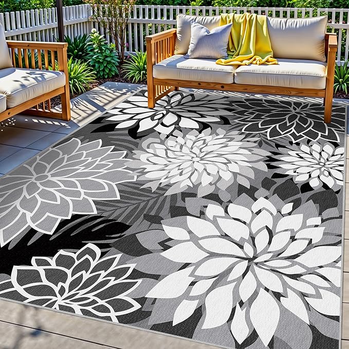 5x8 Outdoor Area Rug Washable Multicolored Patio Rug Tropical Botanical Floral Chenille Waterproof Outdoor Carpet for Living Room, Deck, Backyard, Porch, Black