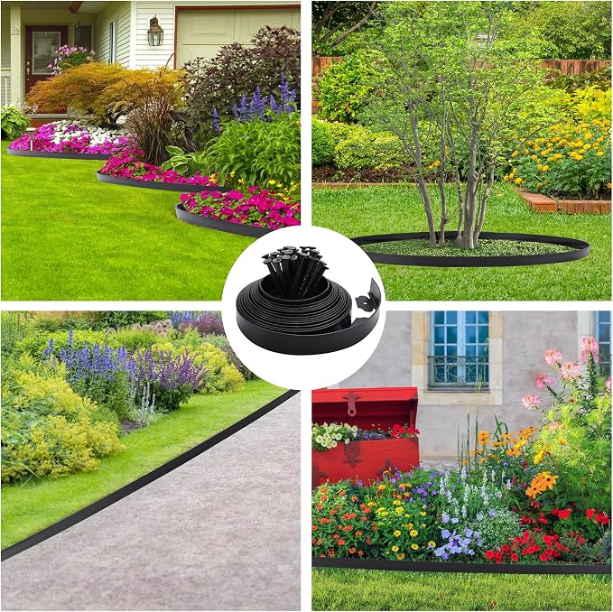 Landscape Edging Borders 33FT Extra Tall 4IN Outdoor Edging Borders Plastic Flexible with 30pcs Stakes,Mini Plastic Fence for Landscaping Yard Flowerbeds,Grass-Black