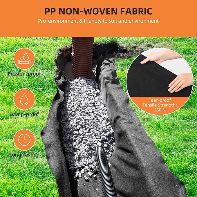 8Oz Geotextile Fabric 3Ft x 100Ft, Non-Woven Landscape Fabric with 350n Tensile Strength for Driveway Stabilization, Erosion Control, French Drain, Road Base & Construction Projects